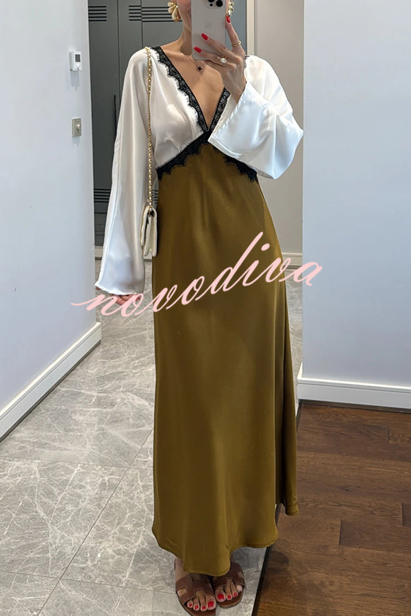 Lainei Contrast Color Satin Lace Trim V-neck Long Sleeve Maxi Dress