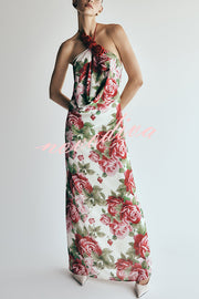 Elegance and Romance Chiffon Printed Rose Applique Cowl Neck Maxi Dress