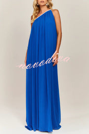 Elly One Shoulder Rhinestone Details Removable Belt A-line Maxi Dress