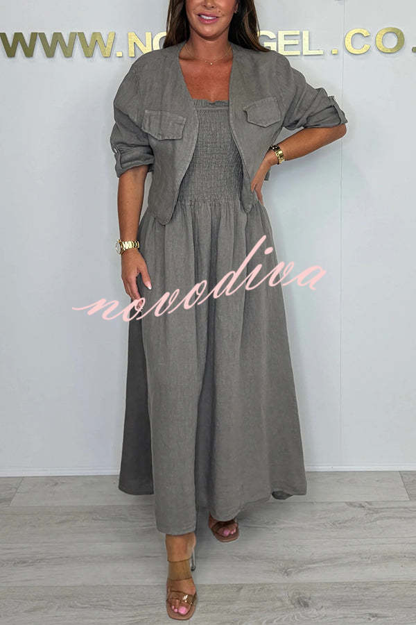 Solid Color Casual Short Jacket and Suspender Pleated Maxi Dress Set