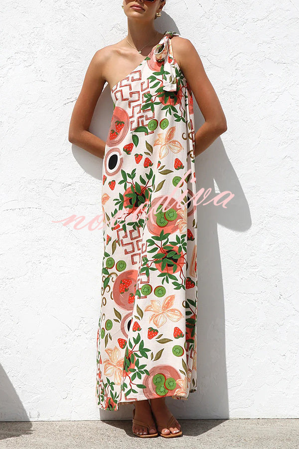 Botanical Print Elegant Strappy One-shoulder Resort Maxi Dress