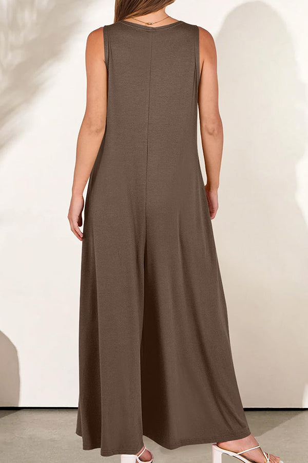 Solid Color V-neck Sleeveless Loose Pocket Wide-leg Jumpsuit