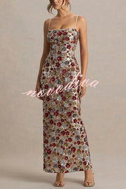 The Center of Attention Floral Print Sequin Square Neck Slip Stretch Maxi Dress
