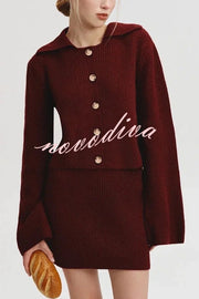 Fashion Lapel Bell Sleeve Knitted Cardigan and Casual Mini Skirt Set