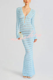 Solid Color Knit Hollow Long Sleeve Vacation Cover Up Maxi Dress