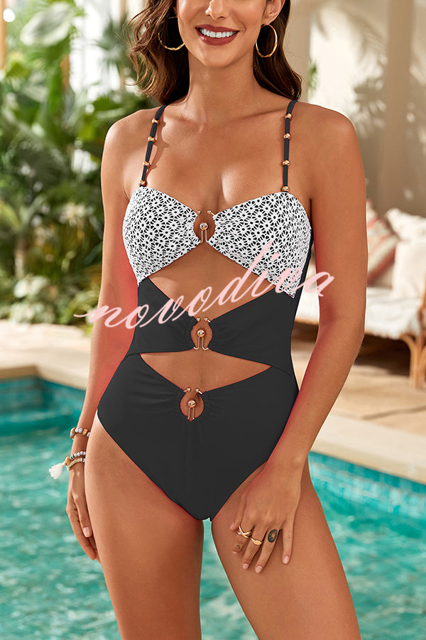 Fashionable Splicing Spaghetti Strap Metal Buckle One-piece Bikini Swimsuit