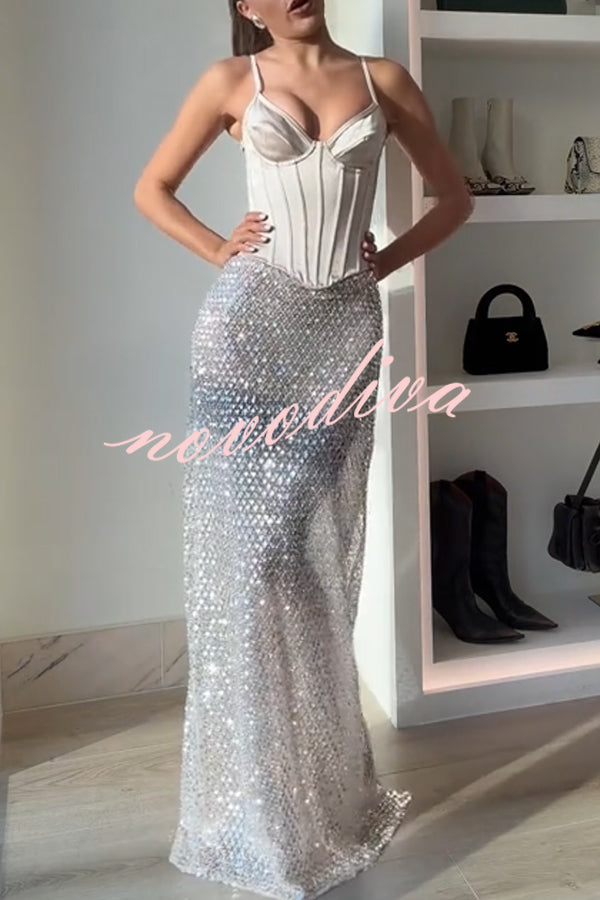 The Great Gatsby Embellished Sequin Mid Rise Flare Maxi Skirt