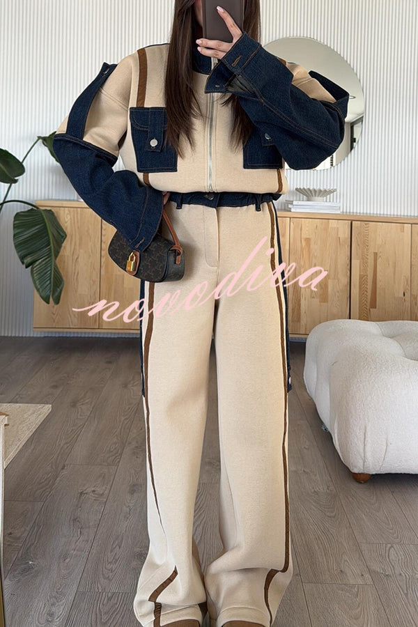 Chill Whispers Denim Patchwork Sweatshirt Fabric Striped Elastic Waist Pocket Loose Pants