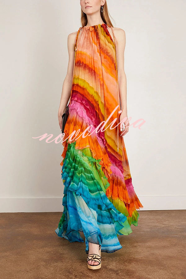 Rosha Georgette Crepe Tie-dye Print Layered Ruffles A-line Maxi Dress