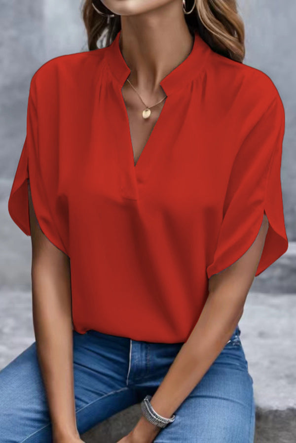 Solid Color V-neck Short-sleeved Casual Loose Shirt Top