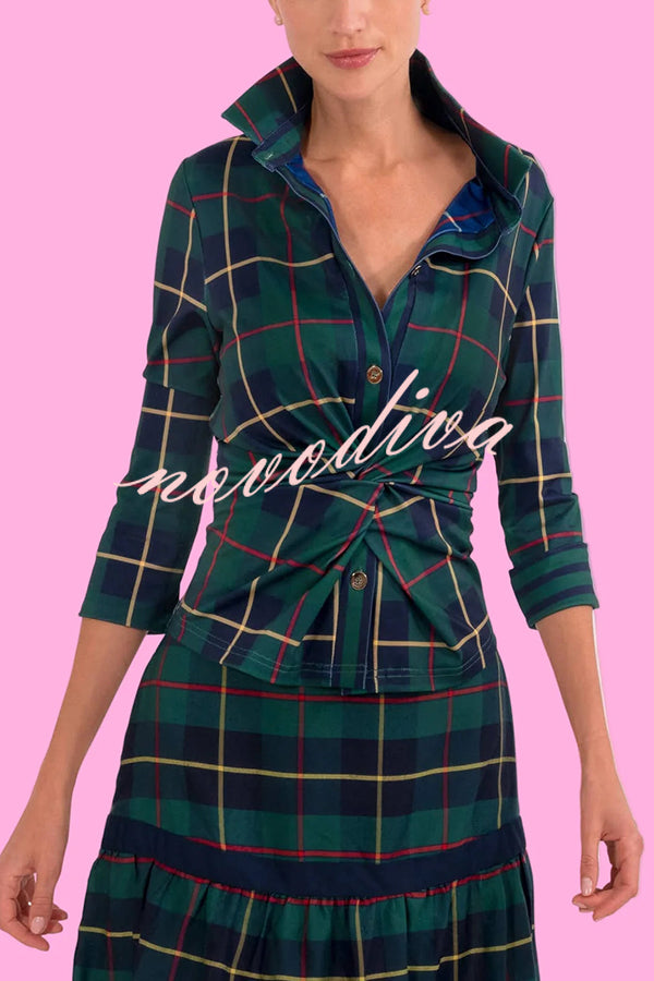 Embrace The Festival Plaid Twist Half Sleeve Shirt and Elastic Waist Pencil Pants Set