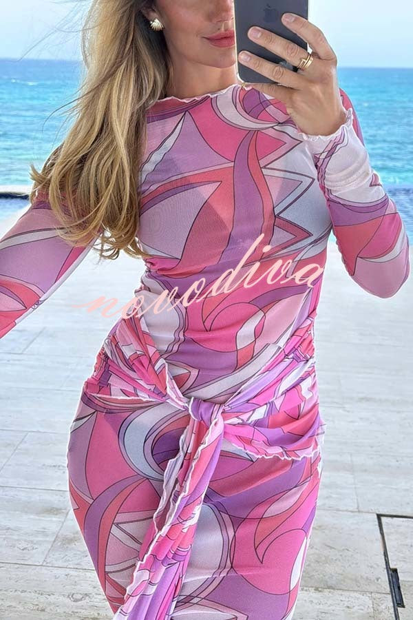 Nessie Mesh Unique Print Tie-up Waist Long Sleeve Stretch See-Through Maxi Dress