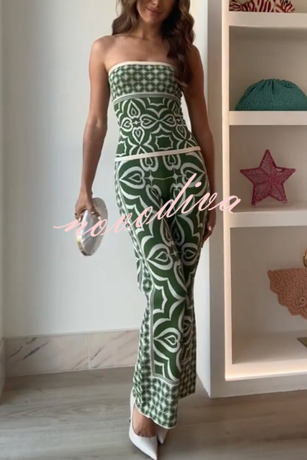 Orla Knit Mosaic Tile Print Bandeau and High Rise Stretch Flared Pants Set