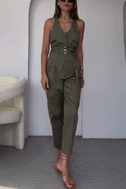 Sexy Backless Belted Waistcoat and Casual Pocket Pants Set