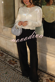 Cocktails First Sequin Button Up Long Sleeve Feather Cuff Party Top