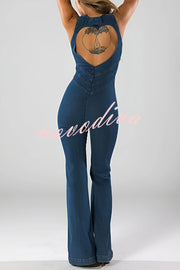 Fashionable Heart Hollow Back Slim High Waist Flared Denim Jumpsuit