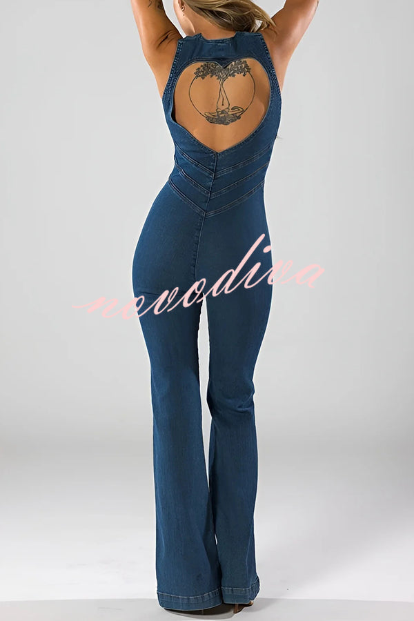 Fashionable Heart Hollow Back Slim High Waist Flared Denim Jumpsuit