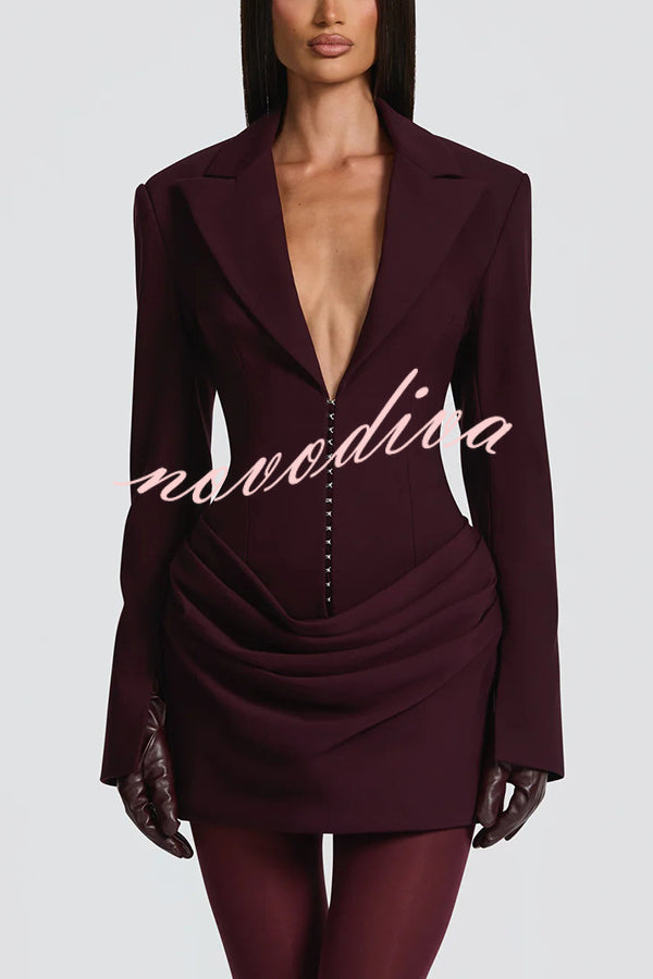 Solid Color Slim-fit V-neck Elegant Draped Formal Mini Dress