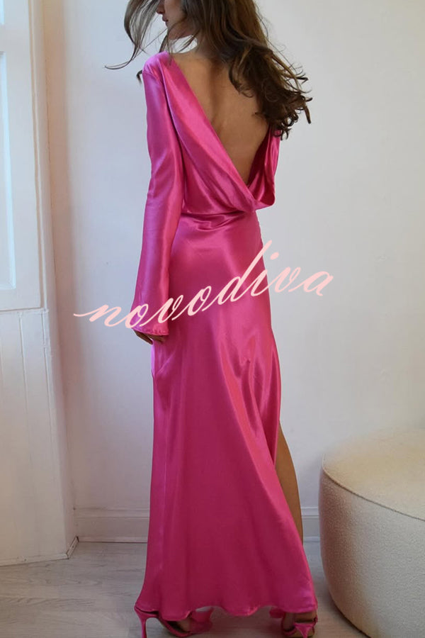 Satin Elegant Long-sleeved Open-back Slim-fit Slit Maxi Dress