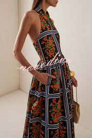 Floral Print Sexy Halter Neck Backless Elegant Maxi Dress