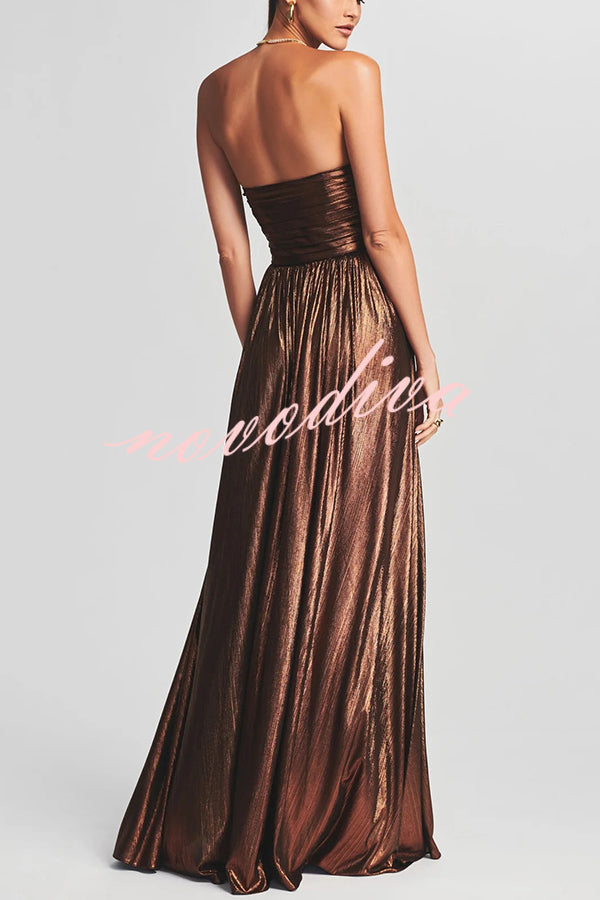 Goddess Temperament Metallic Pleated Fabric Off Shoulder Slit Maxi Dress