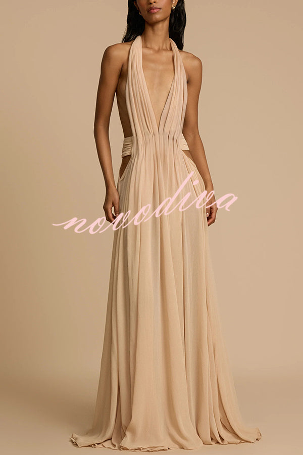 Ethereal Moment Tulle Cutout Ruched Waist Backless Halter Maxi Dress