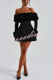 Cute and Luxe Faux Fur Trim Off Shoulder Bubble Shaped Mini Dress