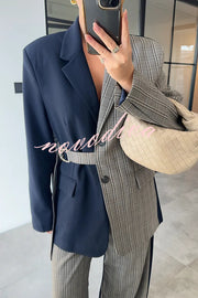 Nayla Plaid Contrast Color Belted Long Sleeve Lapel Blazer and Pocketed Wide Leg Pants Set