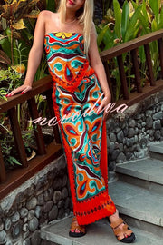 Ethnic Style Unique Print Tube Top and Elastic Waist Casual Pocket Wide Leg Pants Set