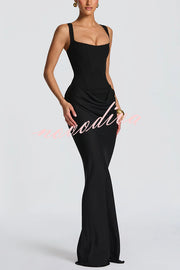 Larrah Square Neck Back Lace-up Satin Drape Hem Maxi Dress