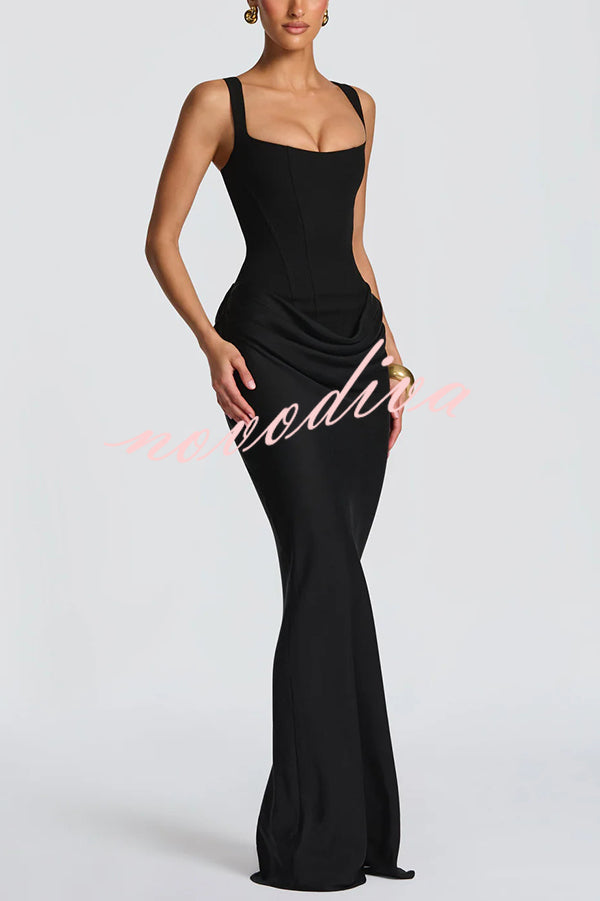 Larrah Square Neck Back Lace-up Satin Drape Hem Maxi Dress