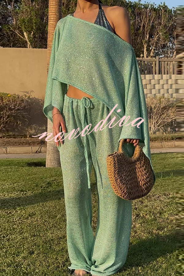 Vacation Knit Shiny Fabric Batwing Sleeve Cape Top and Cover-up Elastic Waist Loose Pants Set