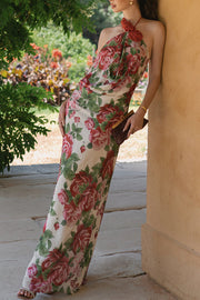 Elegance and Romance Chiffon Printed Rose Applique Cowl Neck Maxi Dress