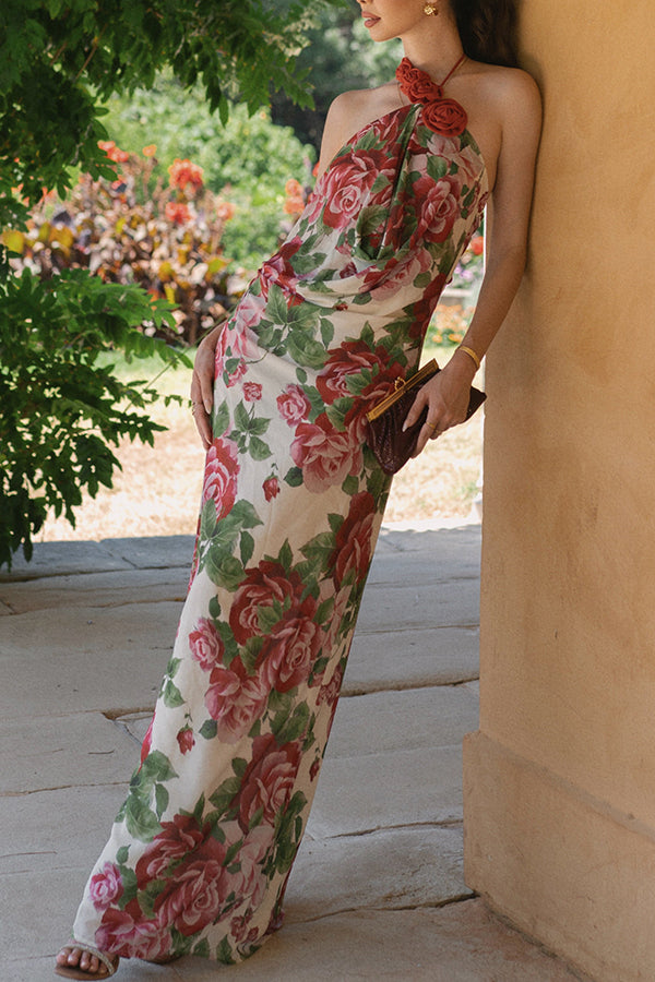 Elegance and Romance Chiffon Printed Rose Applique Cowl Neck Maxi Dress