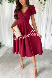 Zayla Solid Color Puff Sleeve V-neck Waist Slim Fit Midi Dress