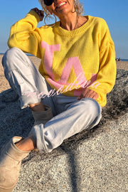 Letter Pattern Crew Neck Long Sleeve Loose Knit Sweater