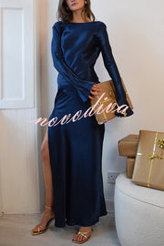 Satin Elegant Long-sleeved Open-back Slim-fit Slit Maxi Dress