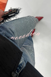 Fashionable Rhinestone Mid-rise Loose Pocket Straight Jeans