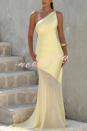Fable Satin One Shoulder Back Adjustable Straps Contrast Chiffon Hem Maxi Dress