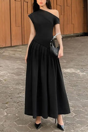 Fashionable Slope Neck Slim Fit Large Hem Maxi Dress