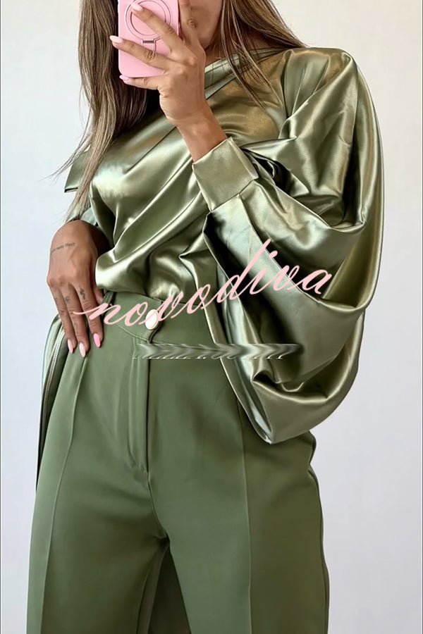 Chic Moment Satin Irregular Knot Slit Sleeve One Shoulder Loose Blouse