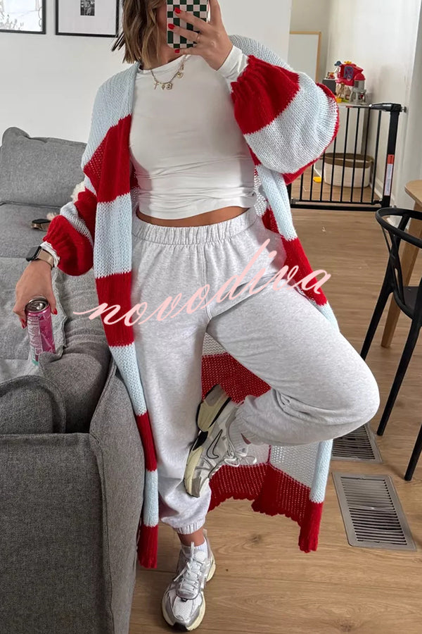 Fashionable Contrast Stripes Lazy Style Loose Long Knitted Cardigan