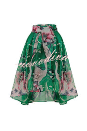 Tessy Batwing Sleeve Top and Floral Elastic Waist Pearls Detail High Low Midi Skirt Set