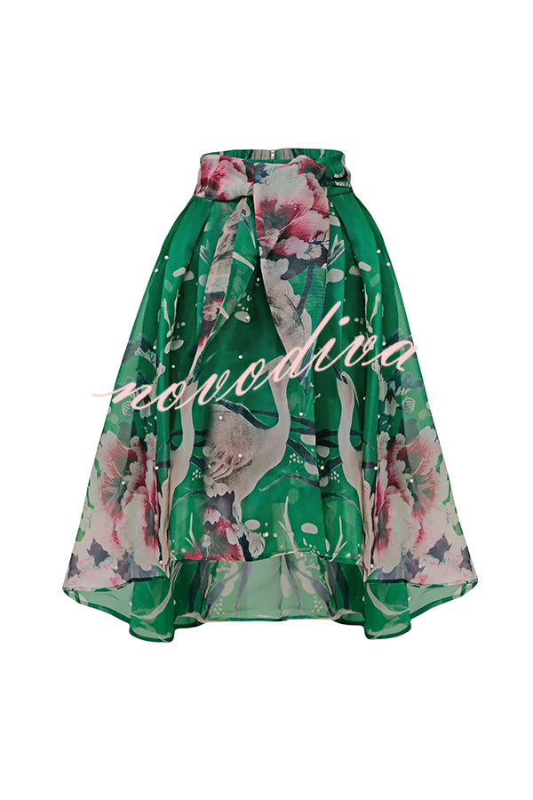 Tessy Batwing Sleeve Top and Floral Elastic Waist Pearls Detail High Low Midi Skirt Set