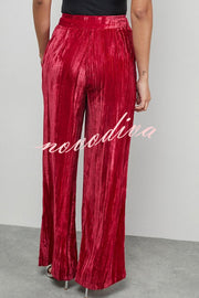 Solid Color Velvet Long-sleeved Waist Tie Top and Elastic Waist Casual Pocket Straight-leg Pants Set