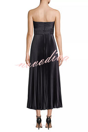 Love Note Satin Sweetheart Twist Off Shoulder Pleated Maxi Dress