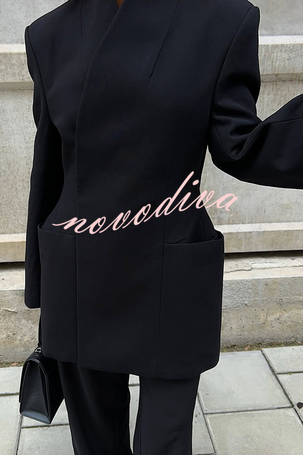 Solid Color Lapel Long Sleeve Casual Pocket Long Blazer