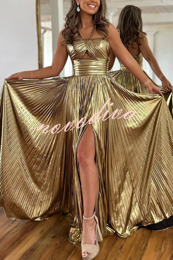 Queen Style Metallic Fabric Cross Neck Cutout Slit Pleated Maxi Dress