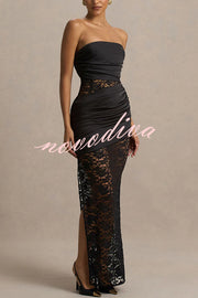 Dulcie Lace and Satin Patchwork Asymmetrical Pleats Bandeau Maxi Dress