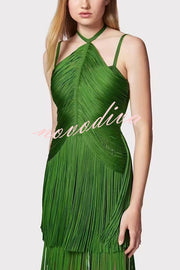 Sexy Halterneck Open Back Elegant Tassel Slim Maxi Dress